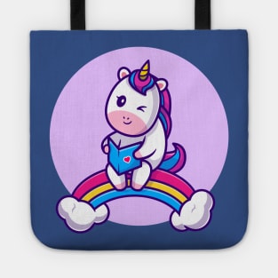 Cute Unicorn Reading Book On Rainbow Cartoon Tote