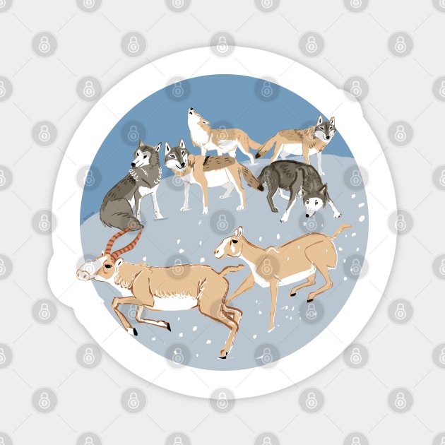Steppe Wolves and Saiga in Winter Magnet by belettelepink