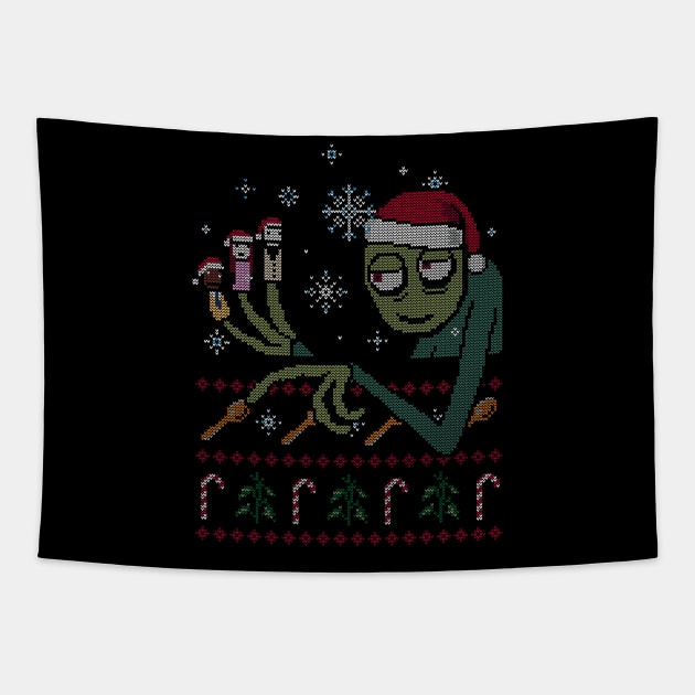 Mr. Fingers and Friends Ugly Sweater Tapestry by katiestack.art