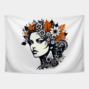Graphic Art Portrait – Woman, Leaves, And Gears Tapestry