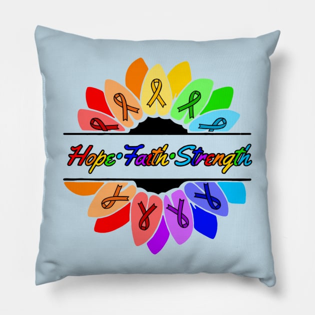 Rainbow Hope•Faith•Strength Sunflower Awareness Ribbon Pillow by CaitlynConnor