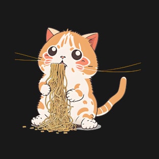 Kawaii Cat Eating Spaghetti Funny Cat Lover T-Shirt