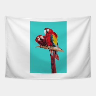 Red Macaw Parrot Watercolor Painting on Aqua Tapestry