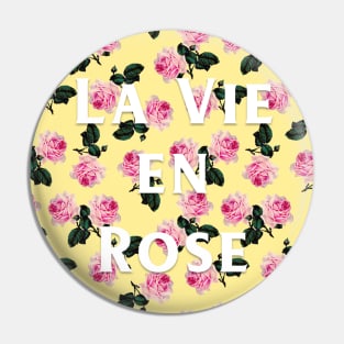 La Vie En Rose - pink scattered vintage roses on yellow, pink tee Pin