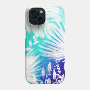 White tropical leaves on blue Phone Case