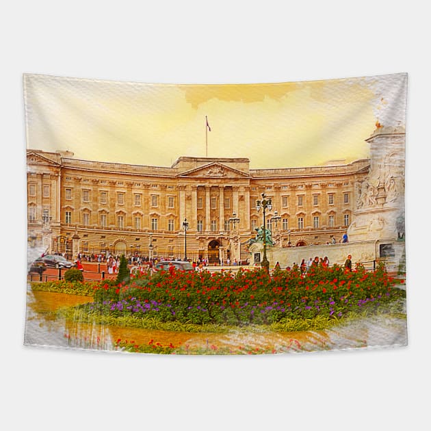 Buckingham Palace Watercolor Painting Tapestry by DingyDesigns