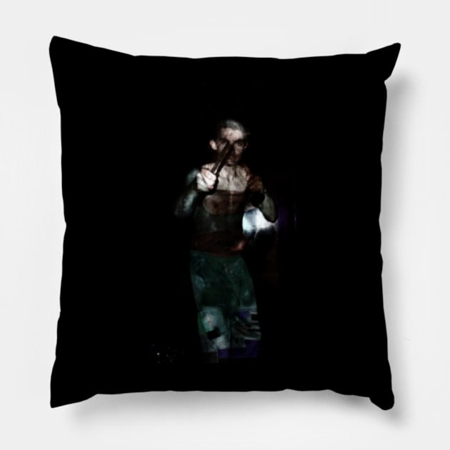 Special processing. Brutal guy, with two spikes, in fighting position. Dark, high contrast. Green and brown. Lighter and more yellow. Pillow by 234TeeUser234