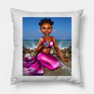 Mermaid Anime mermaid holding a rare black pearl #2 Afro hair in Bantu knots  and caramel brown skin - light background Pillow