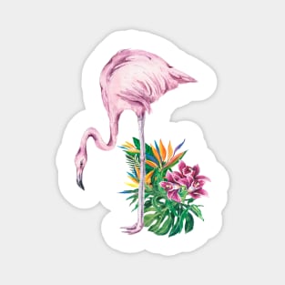 Pink Flamingo and Tropical Flowers Watercolor Art Magnet