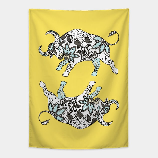 Paisley Oxen (Yellow Palette) Tapestry by illucalliart