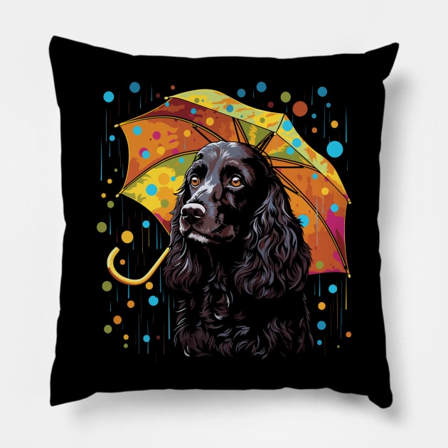 Field Spaniel Rainy Day With Umbrella Pillow by JH Mart