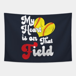 funny My Heart is on That Field softball baseball mom dad Softball With Sayings Tapestry