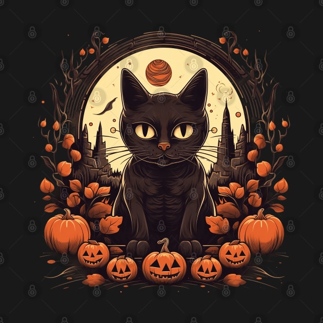 Black Cat with Pumpkins by origato