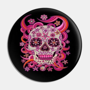 Sugar Skull Pink Flowers - Dia De Los Muertos - Pink Skull Pin