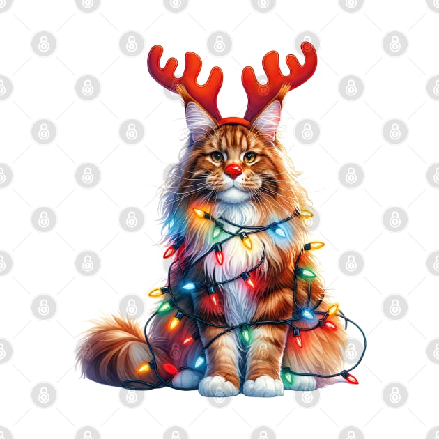 Christmas Red Nose Maine Coon Cat by Chromatic Fusion Studio