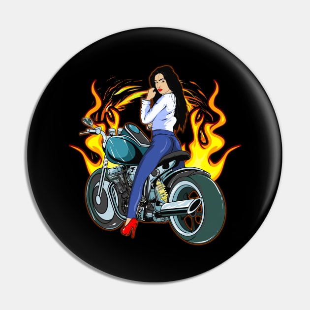 Cool Biker Woman With Flaming Motorcycle Lover Pin by SoCoolDesigns