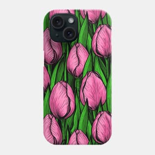 Pink tulips with green leaves Phone Case