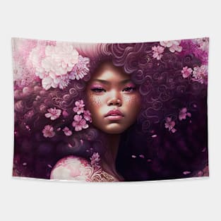 [AI Art] Cherry blossom lady with big hair Tapestry