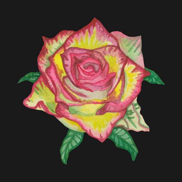 Pink yellow rose with green leaves by deadblackpony