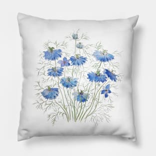 blue purple nigella flowers watercolor Pillow