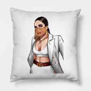 Business woman in a white jacket and a gold mask Pillow