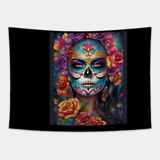 Embrace Tradition: Woman Adorned in Sugar Skull Makeup Tapestry