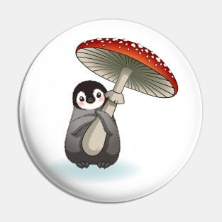 Happy emperor penguin chick with mushroom Pin
