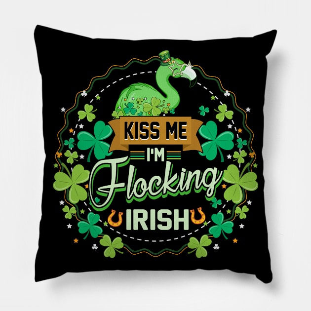 Kiss I'm Flocking Irish Flamingo St Patrick's Day Shamrock Pillow by paynegabriel