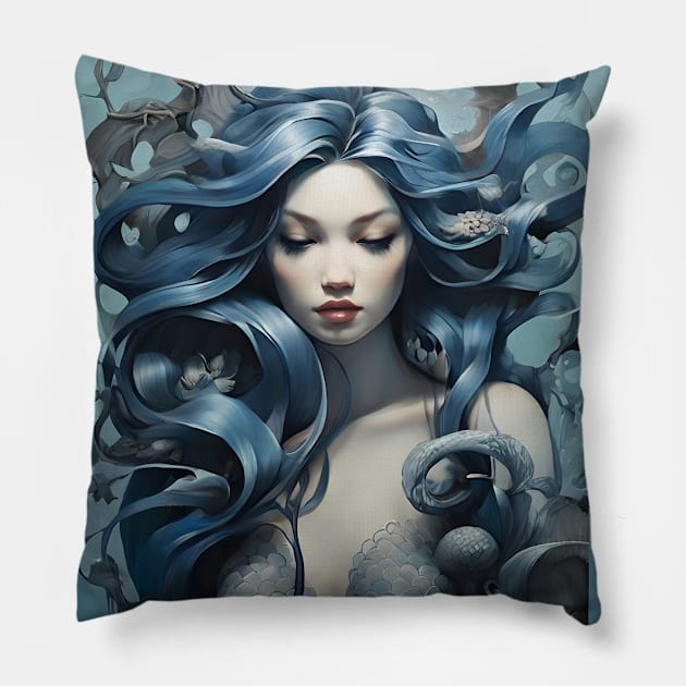 Blue Mermaid Drawing Pillow by VivaLaRetro