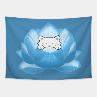 Cute Cat And Lotus Flowers Tapestry