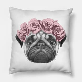 Rosie the pug with roses Pillow