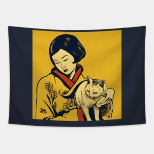 Asian Relaxed Woman with Cat Tapestry