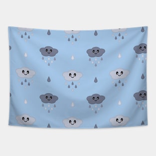 Kawaii Cute Rain Cloud Pattern in Light Blue Tapestry