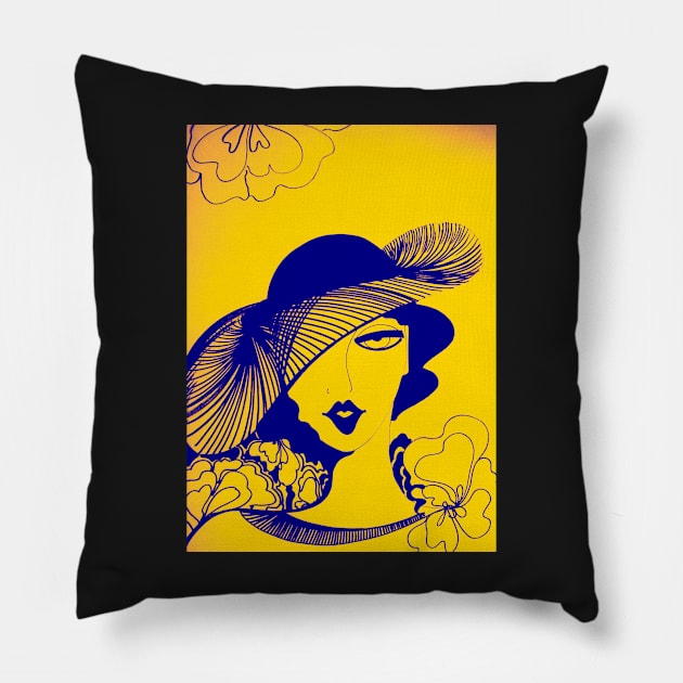 RETRO SUNSHINE YELLOW INDIGO 70S DECO LADY WITH HAT OP ART PRINT Pillow by jacquline8689