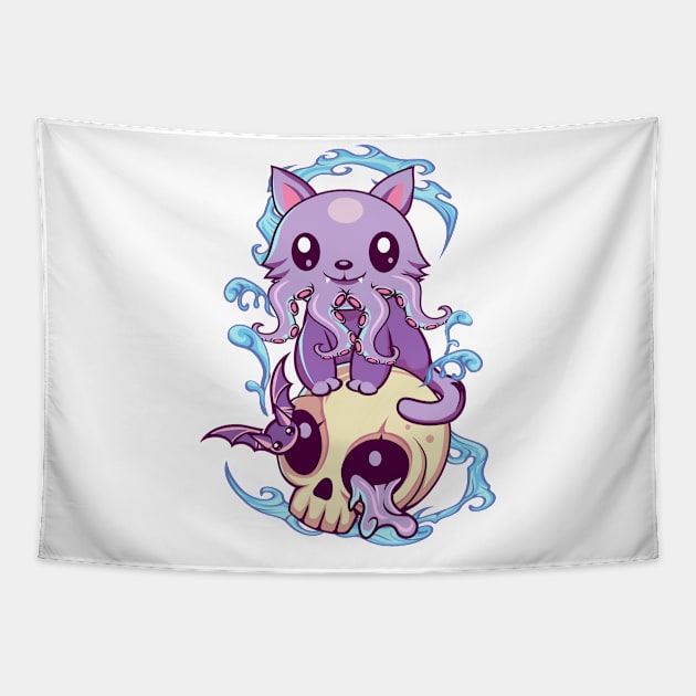 Skull Cat Octopus Kawaii Gothic Tapestry by DionArts