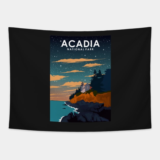 Acadia National Park at Night Vintage Minimal Retro Travel Poster Tapestry by jornvanhezik