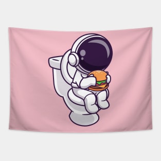 Cute Astronaut Eating Burger In Toilet Cartoon Tapestry