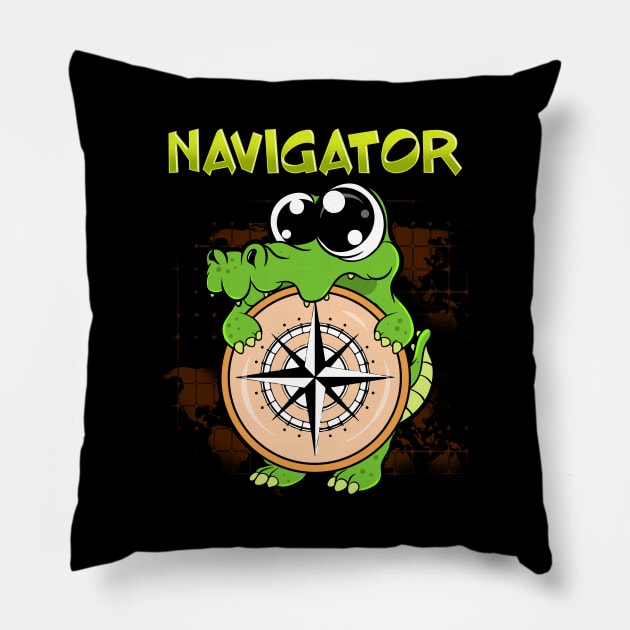 Cute & Funny Navigator Pun Alligator Compass Pillow by theperfectpresents