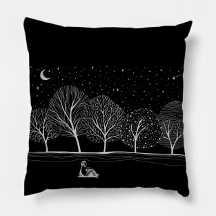 Night winter trees in the snow moon and lonely man Pillow