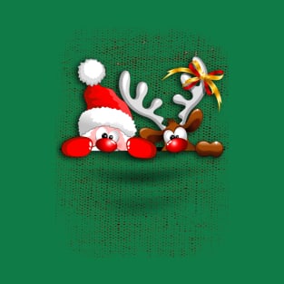 Funny Christmas Santa and Reindeer Cartoon T-Shirt
