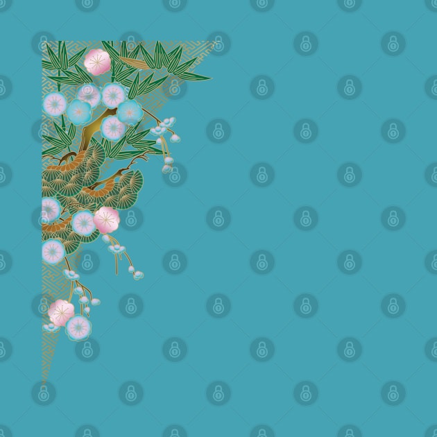 Cherry blossom, bamboo and pine tree on azure background by Blacklinesw9