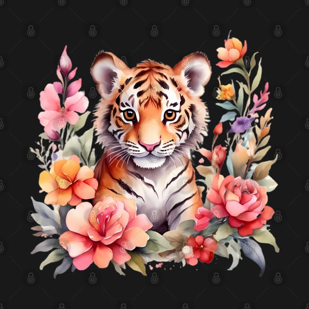 A tiger cub decorated with beautiful watercolor flowers by CreativeSparkzz