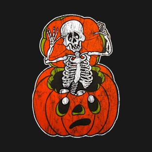 Vintage Halloween Skeleton Pumpkin Cut Out Graphic T-Shirt