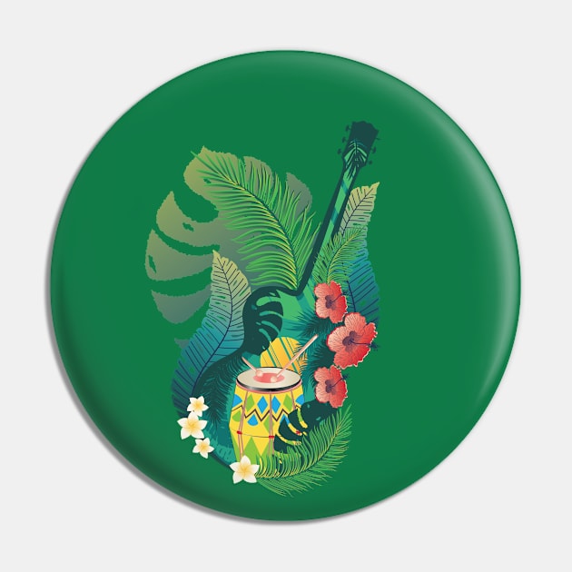 Retro guitar with drum and tropical leaves Pin by AnnArtshock