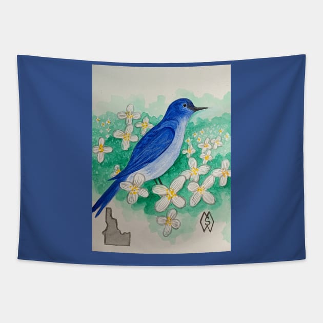 Idaho state bird and flower, the mountain bluebird and syringa Tapestry by Matt Starr Fine Art