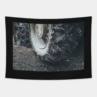 Muddy tractor wheels Tapestry
