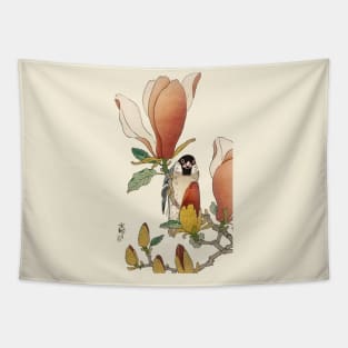 Ohara Koson / Sparrow on blooming magnolia branch Tapestry