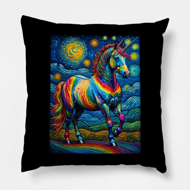 Unicorn in starry night Pillow by FUN GOGH