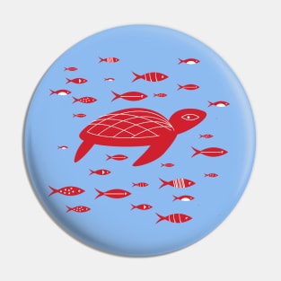 Red Turtle and Fish Swimming Underwater Sea Pin