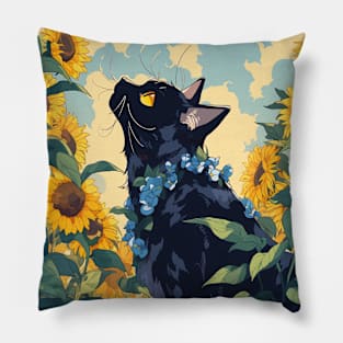 dreamy cat with sunflowers Pillow